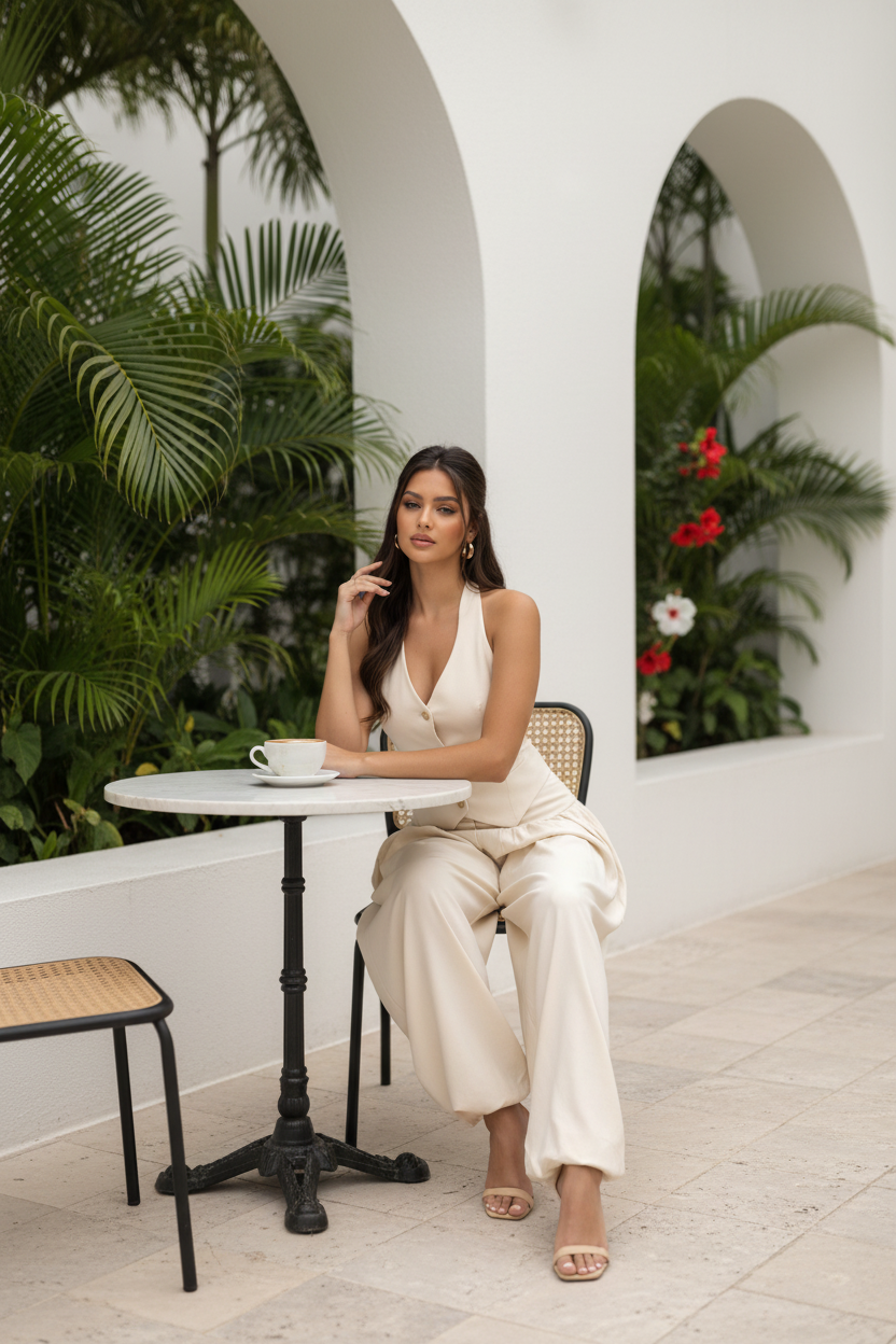 Woman at outdoor cafe terrace in cream halter two-piece set