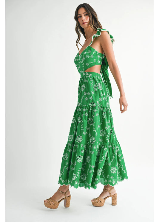 Elaine Eyelet & Lace ruffle Sleeve Tiered Midi