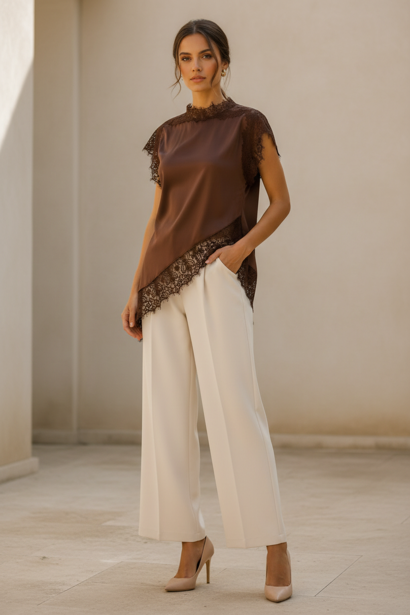 Full body elegant lifestyle shot with bone-colored trousers