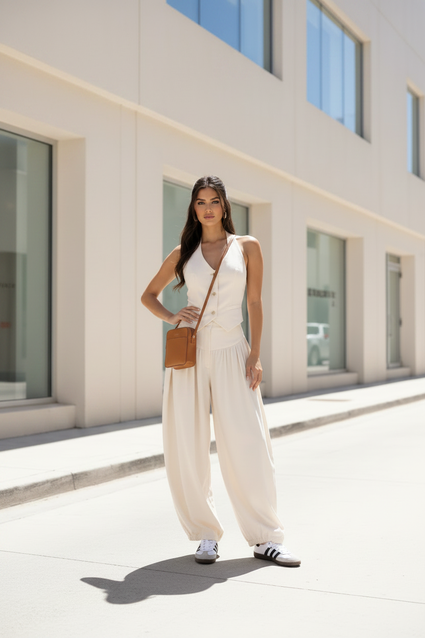Woman in cream two-piece set with Adidas Sambas and crossbody bag