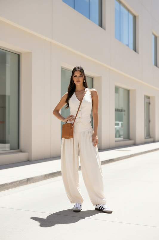 Woman in cream two-piece set with Adidas Sambas and crossbody bag