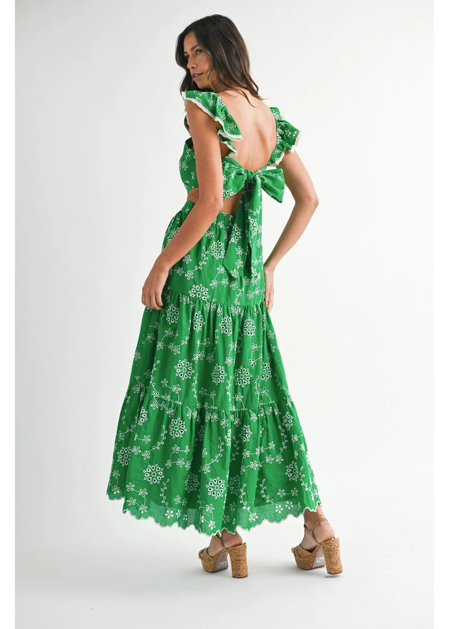 Elaine Eyelet & Lace ruffle Sleeve Tiered Midi