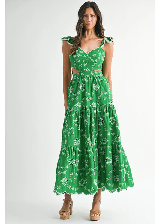 Elaine Eyelet & Lace ruffle Sleeve Tiered Midi