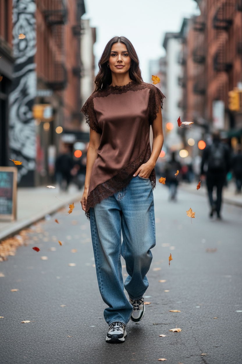 Y2K-inspired streetstyle shot with slouchy wide-leg jeans and sneakers